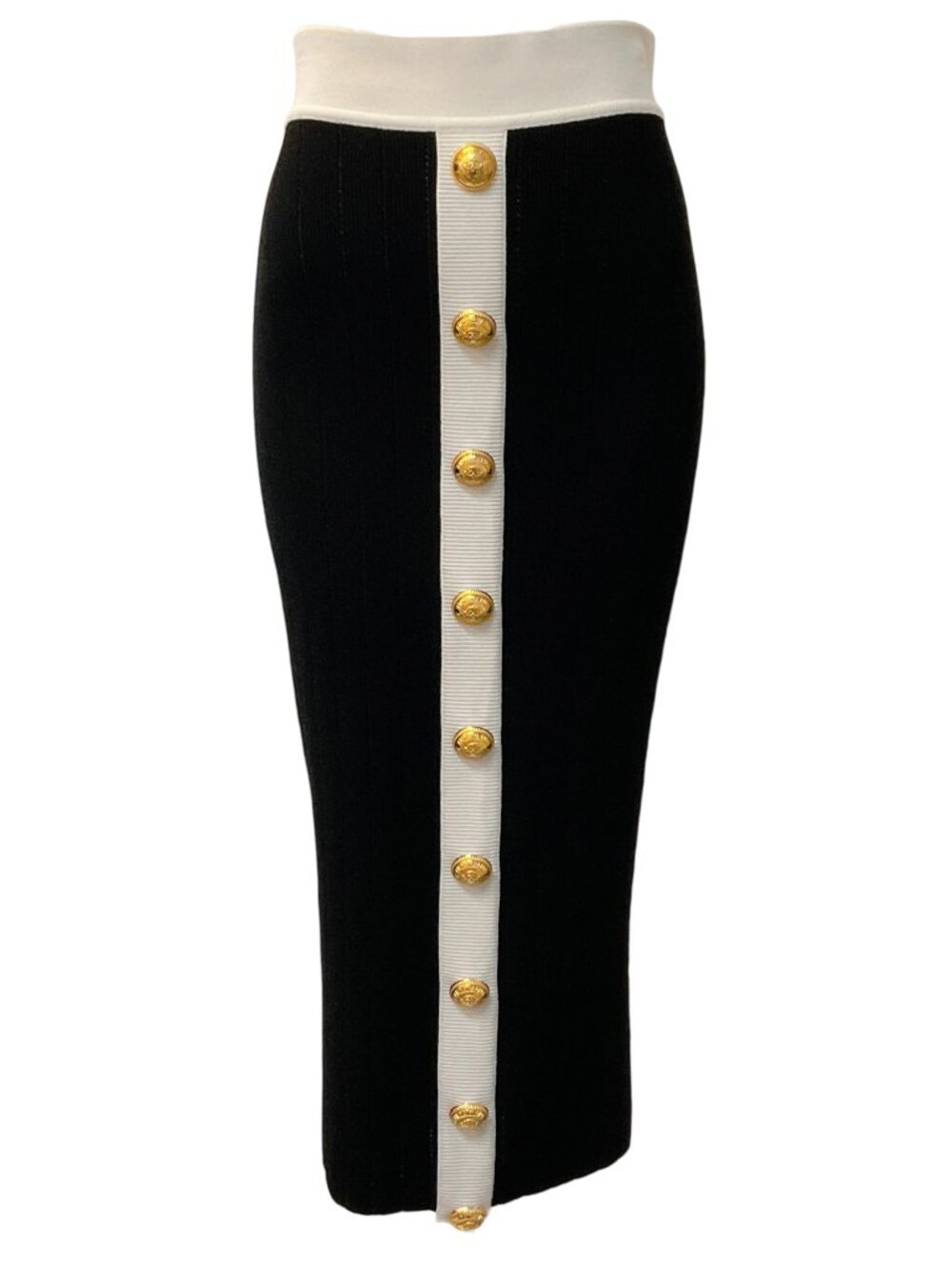Balmain Black / White Button Front Knit Midi Skirt 